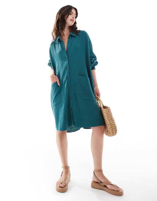 ASOS DESIGN - Gelaagde oversized overhemdjurk met verlaagde zakken in blauw