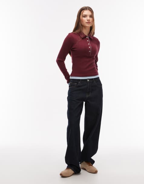 ASOS DESIGN - Gelaagde polotop met kraagje en knopen aan de voorkant in bordeauxrood en lichtblauw - view 1