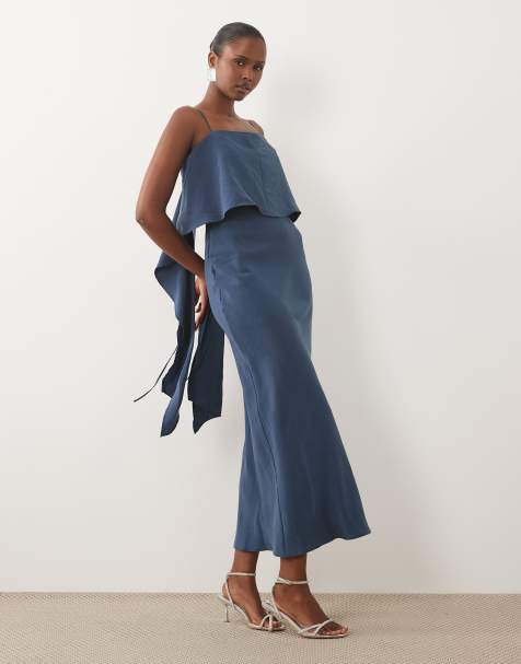 ASOS DESIGN gelaagde satijnen maxi-jurk met cami in donkerblauw - view 1