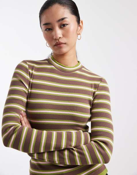 ASOS DESIGN - Gelaagde top met lange mouwen en strepen in groen en chocoladebruin - view 1