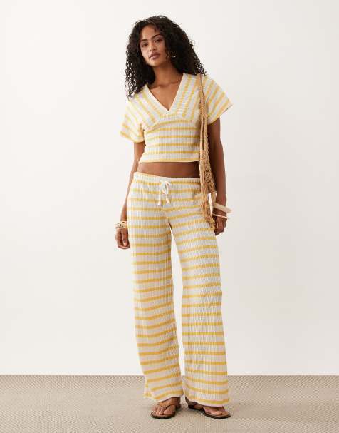 ASOS DESIGN – Gelb gestreifte Hose mit weitem Schnitt und Struktur, Kombiteil - view 1
