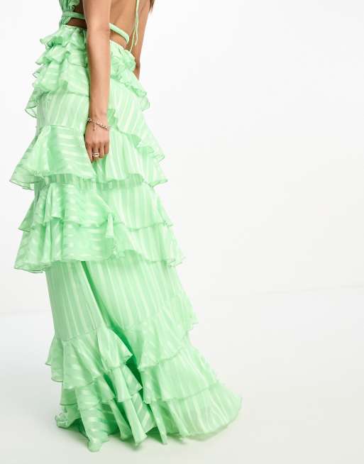 ASOS DESIGN - Gelegenheidskleding - Maxi rok met ruches in groen gestreept satijn, deel van co-ord set , 2 van 4
