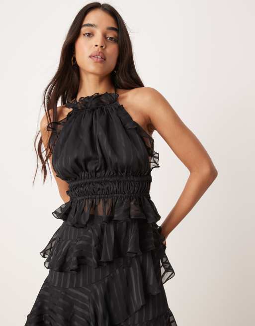 ASOS DESIGN - Gelegenheidskleding - Top met halternek en ruches in zwart, deel van co-ord set