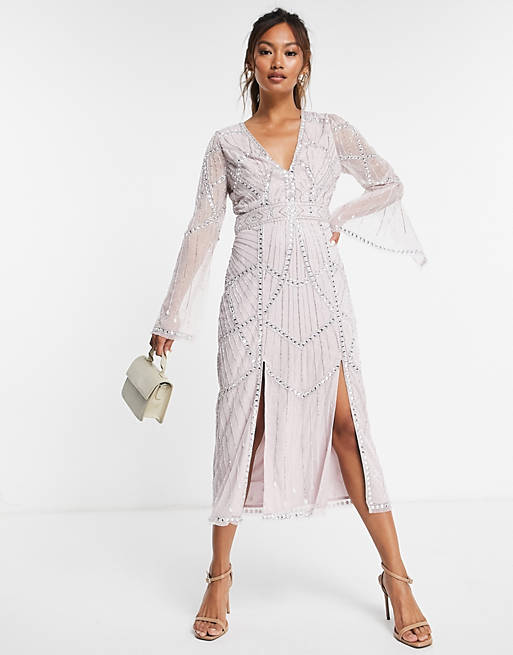 ASOS DESIGN gem embellished midi dress with cut out detail and slit sleeve in blush