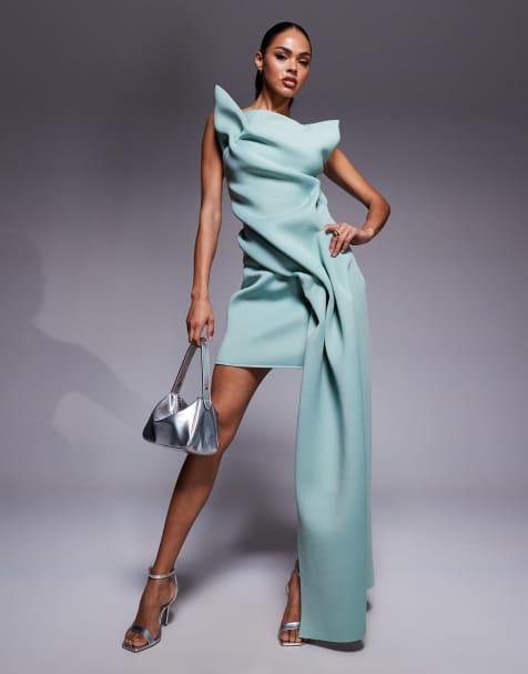 ASOS DESIGN - Gemanipuleerde mini-jurk van scuba-achtige stof met blote schouder, gestructureerde plooien en sjerpdetail in saliegroen - view 1