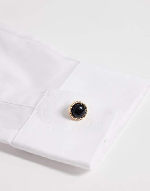 ASOS DESIGN - Gemelli dorati con pietre semipreziose onice con bordi zigrinati, 2 di 3