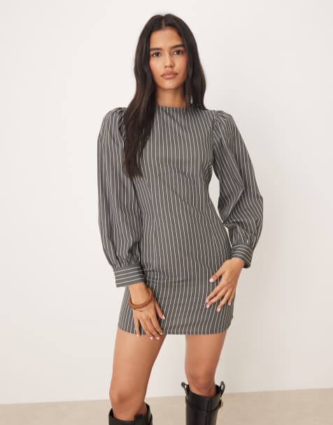 ASOS DESIGN - Gemodelleerde mini-jurk van popeline met ronde hals en volumineuze mouwen in grijze krijtstreep - view 1