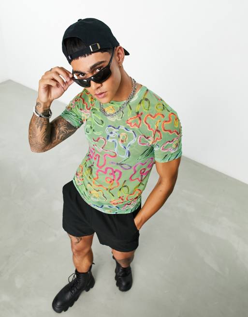 ASOS DESIGN – Gemustertes Netzstoff-T-Shirt mit engem Schnitt