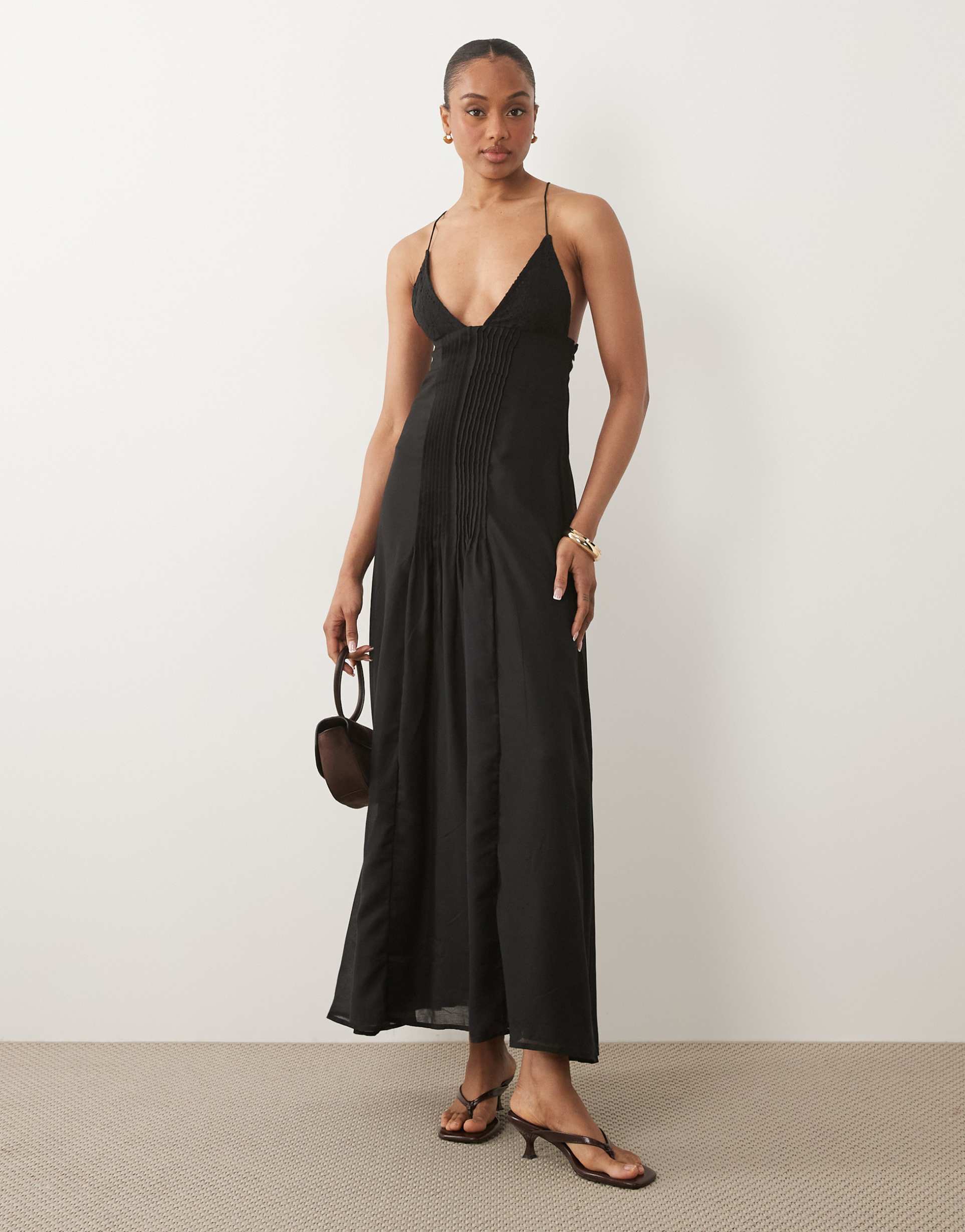 asos design genie lace pleated midaxi sundress in black