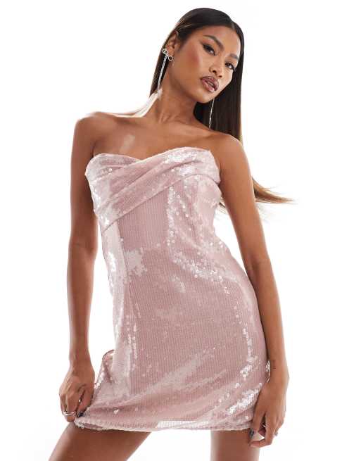 ASOS DESIGN - Gennemsigtig bandeau-minikjole med drapering og pailletter i sart lyserød