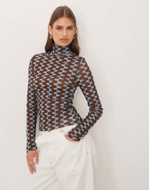 ASOS DESIGN - Gennemsigtig brun rullekravetop i gaze-mesh med geometrisk print - view 1