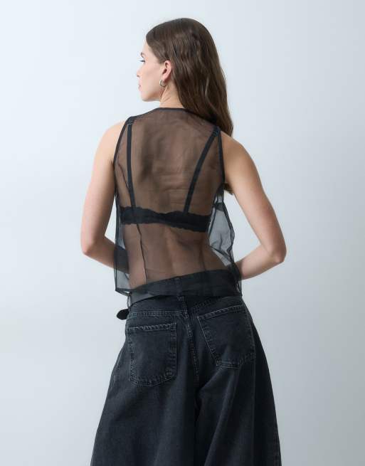 ASOS DESIGN gennemsigtig cami-top med blomsterudsmykning i sort, 4 af 5