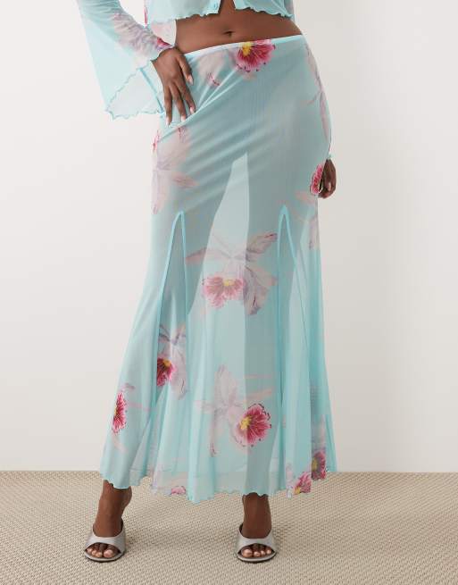 ASOS DESIGN gennemsigtig maxi-nederdel i turkis blomsterprint, 3 af 5
