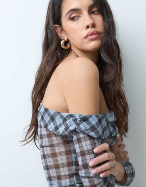 ASOS DESIGN gennemsigtig mesh asymmetrisk langærmet top i ternet print - view 1