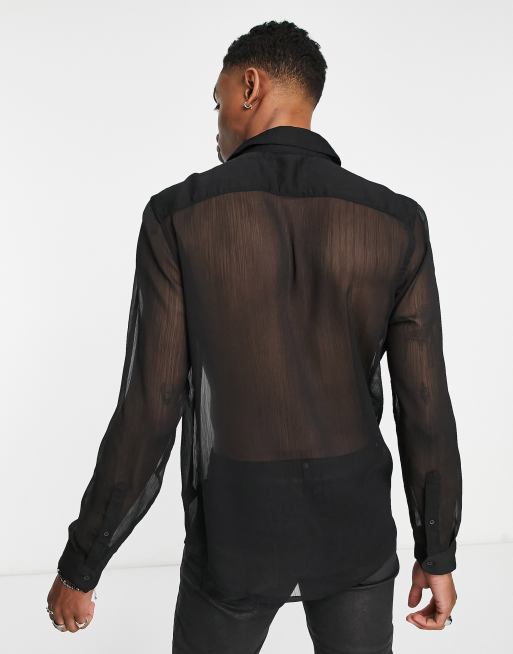 ASOS DESIGN - Gennemsigtig skjorte med almindelig pasform og flæse foran i sort , 2 af 4