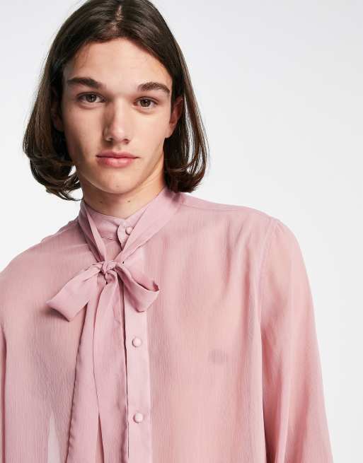 ASOS DESIGN - Gennemsigtig skjorte med bindebånd i halsen og blouson-ærmer i polyester , 4 af 4