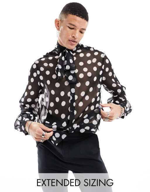ASOS DESIGN - Gennemsigtig skjorte med bindebånd i halsen og polkaprikker i sort i afslappet pasform 