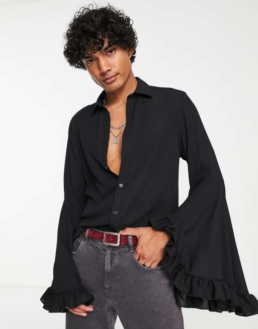 ASOS DESIGN - Gennemsigtig skjorte med oversized klokkeærmer med flæser i sort