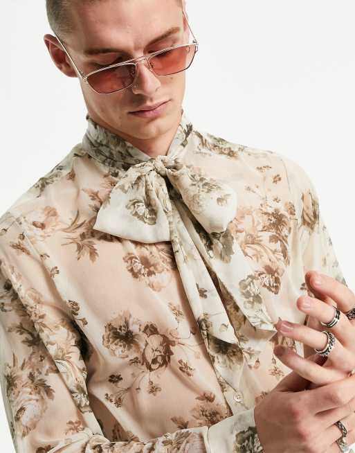 ASOS DESIGN - Gennemsigtig skjorte med sløjfe i halsen og blomstermønster i regular fit
