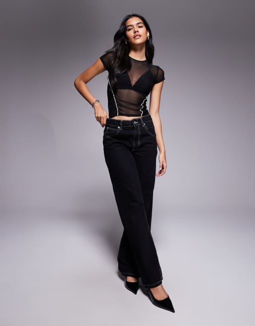 ASOS DESIGN - Gennemsigtig sort baby-T-shirt i mesh med kontrastflæser , 2 af 4