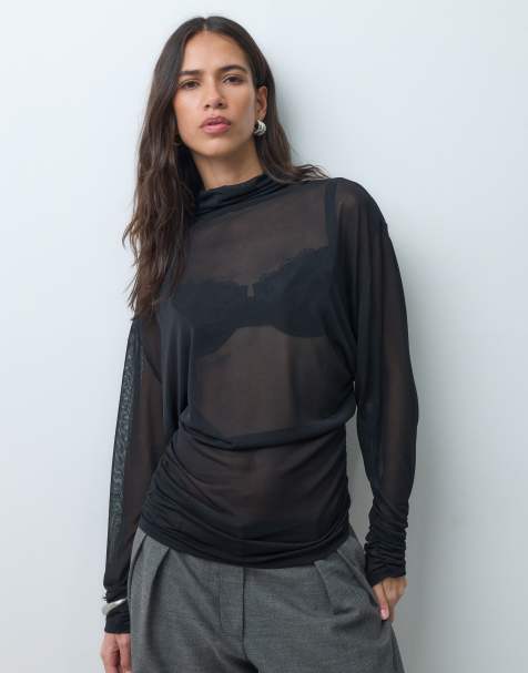 ASOS DESIGN gennemsigtig top med flagermusærmer, høj hals og rynkede ærmer i sort - view 1