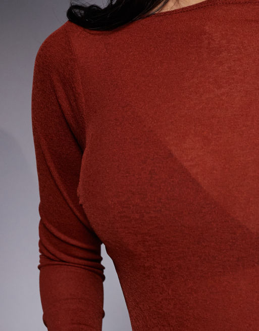 ASOS DESIGN - Gennemsigtigt og tætsiddende rustrød top med asymmetrisk kant og lange ærmer, 3 af 4