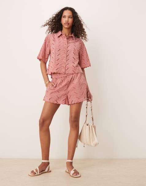 ASOS DESIGN geo broderie relaxed shorts co-ord in rose - view 1