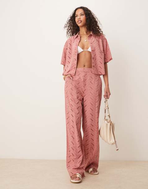 ASOS DESIGN geo broderie relaxed trousers co-ord in rose - view 1