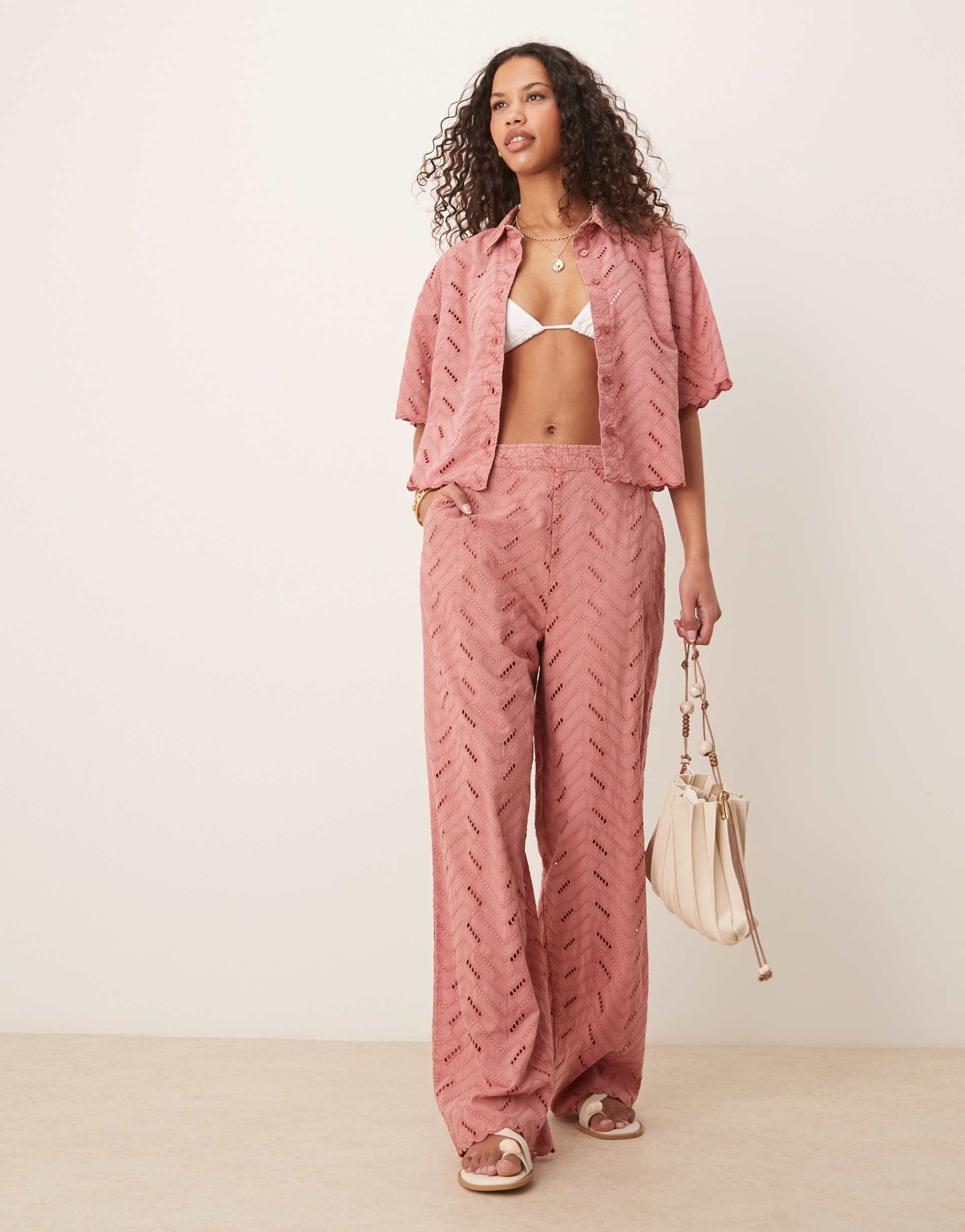 asos design geo eyelet relaxed pants in rose - part of a set