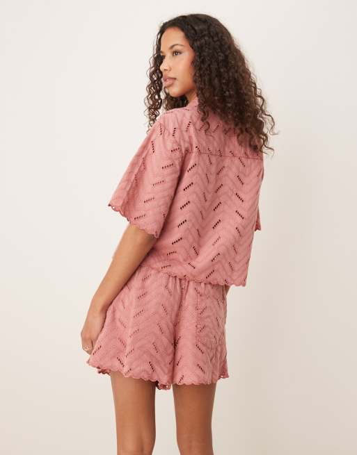 ASOS DESIGN geo eyelet relaxed shorts in rose - part of a set, 2 of 5
