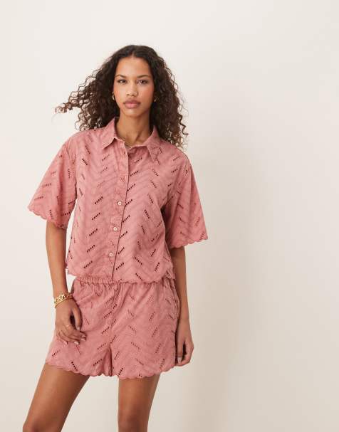 ASOS DESIGN geo eyelet shirt in rose - part of a set - view 1