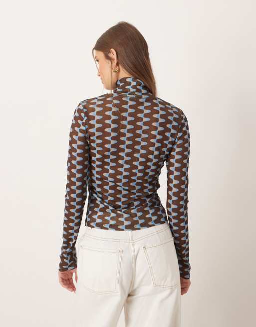 ASOS DESIGN geo printed sheer gauzy mesh roll neck in brown, 4 of 4