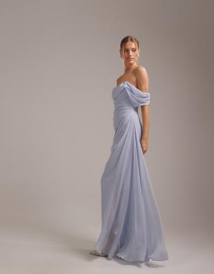 Asos Design Georgette Bardot Bridesmaids Dress In Blue