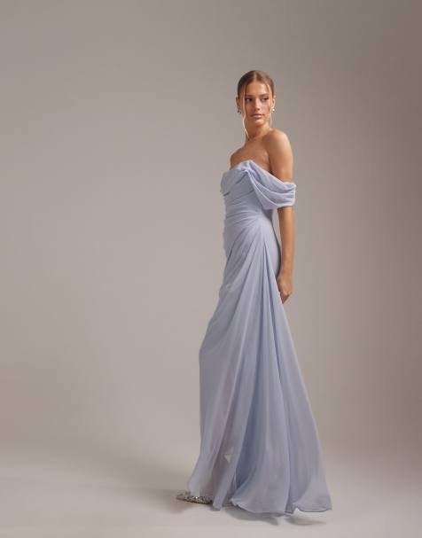 ASOS DESIGN georgette bardot bridesmaids dress in blue - view 1