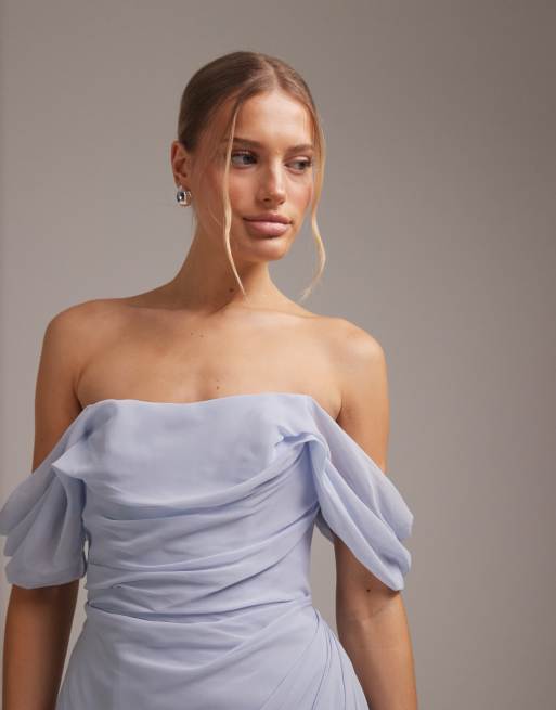 ASOS DESIGN georgette bardot bridesmaids dress in blue, 2 of 5