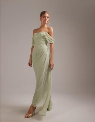ASOS DESIGN Georgette bardot bridesmaids dress in sage green