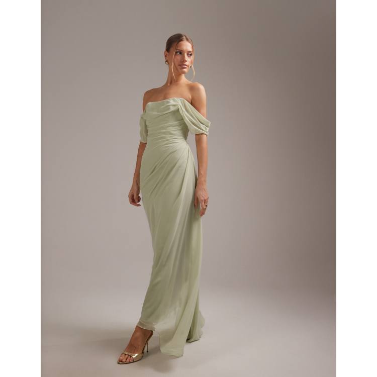 ASOS DESIGN georgette bardot bridesmaids dress in sage green | ASOS