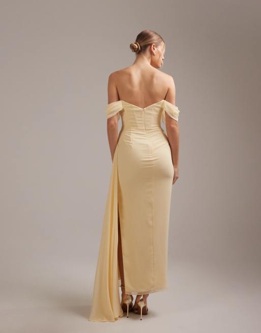 ASOS DESIGN georgette bardot bridesmaids dress in yellow, 2 of 5