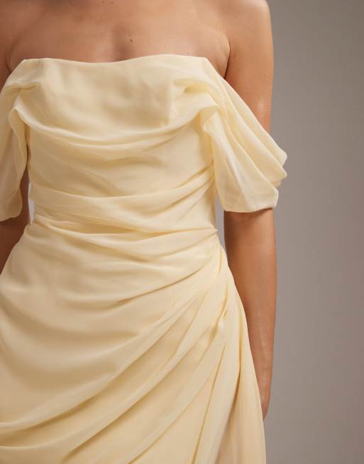 ASOS DESIGN georgette bardot bridesmaids dress in yellow, 4 of 5