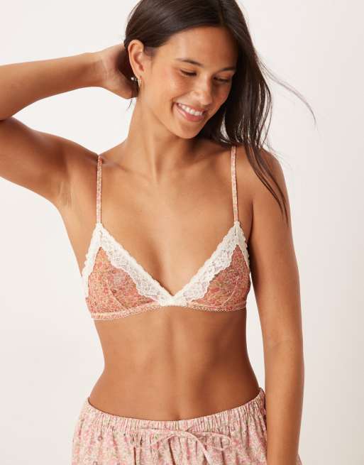 ASOS DESIGN Georgie mesh triangle bra with lace trim in orange vintage ditsy print, 2 of 4