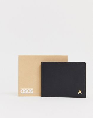 ASOS DESIGN - Gepersonaliseerde leren portemonnee met de letter 'A' in zwart