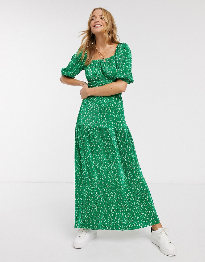 ASOS DESIGN - Geplisseerde lange jurk met fijne bloemenprint in groen-Multi