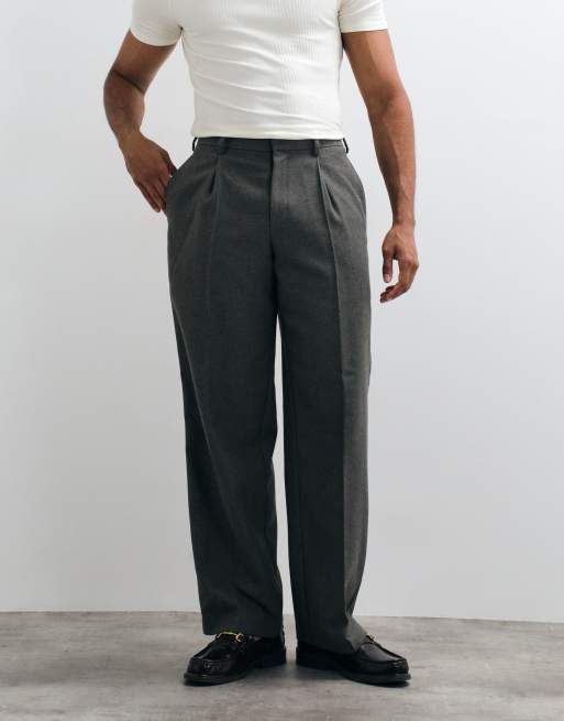 ASOS DESIGN geplooide broek met wijde pijpen en wol in antracietgrijze visgraat, 2 van 5