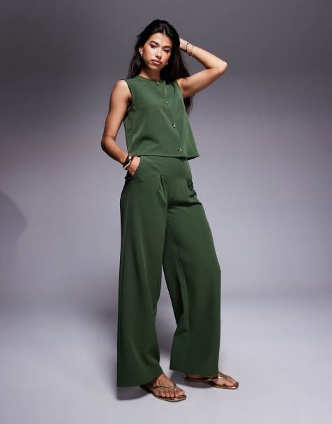 ASOS DESIGN - Geplooide broek met wijde pijpen in kaki, deel van co-ord set - view 1