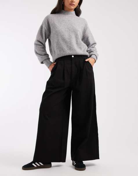 ASOS DESIGN - Geplooide broek van katoen met wijde pijpen in zwart - view 1