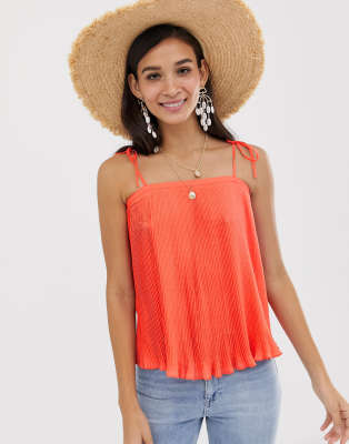 ASOS DESIGN  Plisowana bluzka na wi?zanych rami?czkach-Bia?y Czerwony