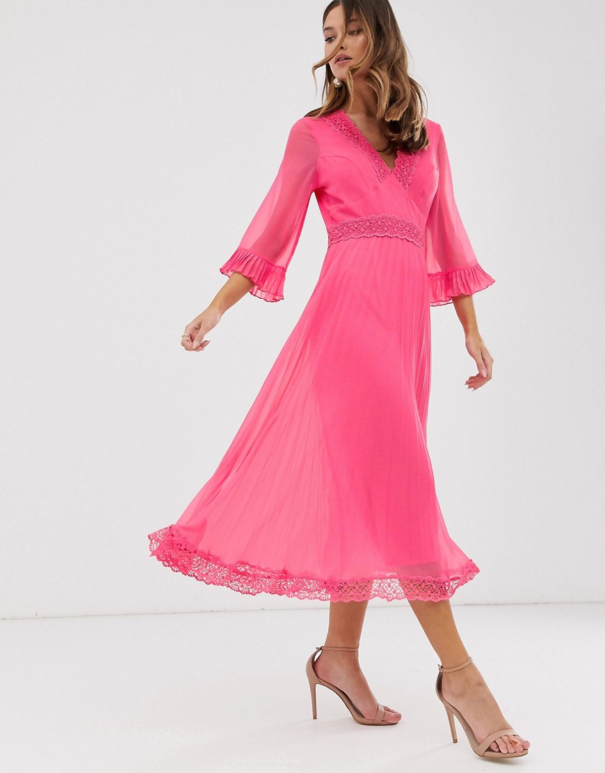 ASOS DESIGN - Geplooide half lange jurk met inzetten van kant-Roze
