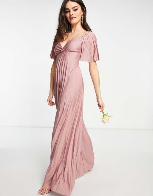 ASOS DESIGN - Geplooide jurk maxi met gedraaide bandjes en kapmouwen in roze