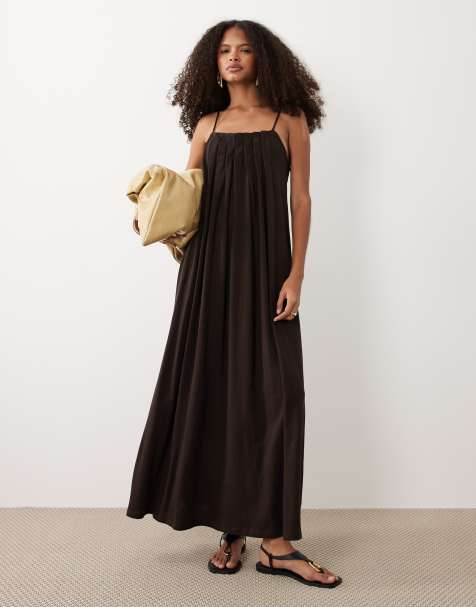 ASOS DESIGN - Geplooide jurk met A-lijn in donker chocoladebruin - view 1