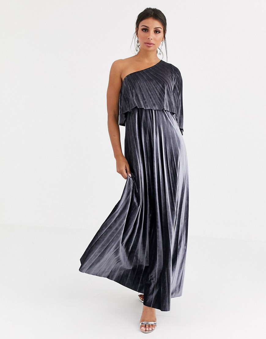 ASOS DESIGN - Geplooide lange jurk met crop top en blote schouder van fluweel-Zilver